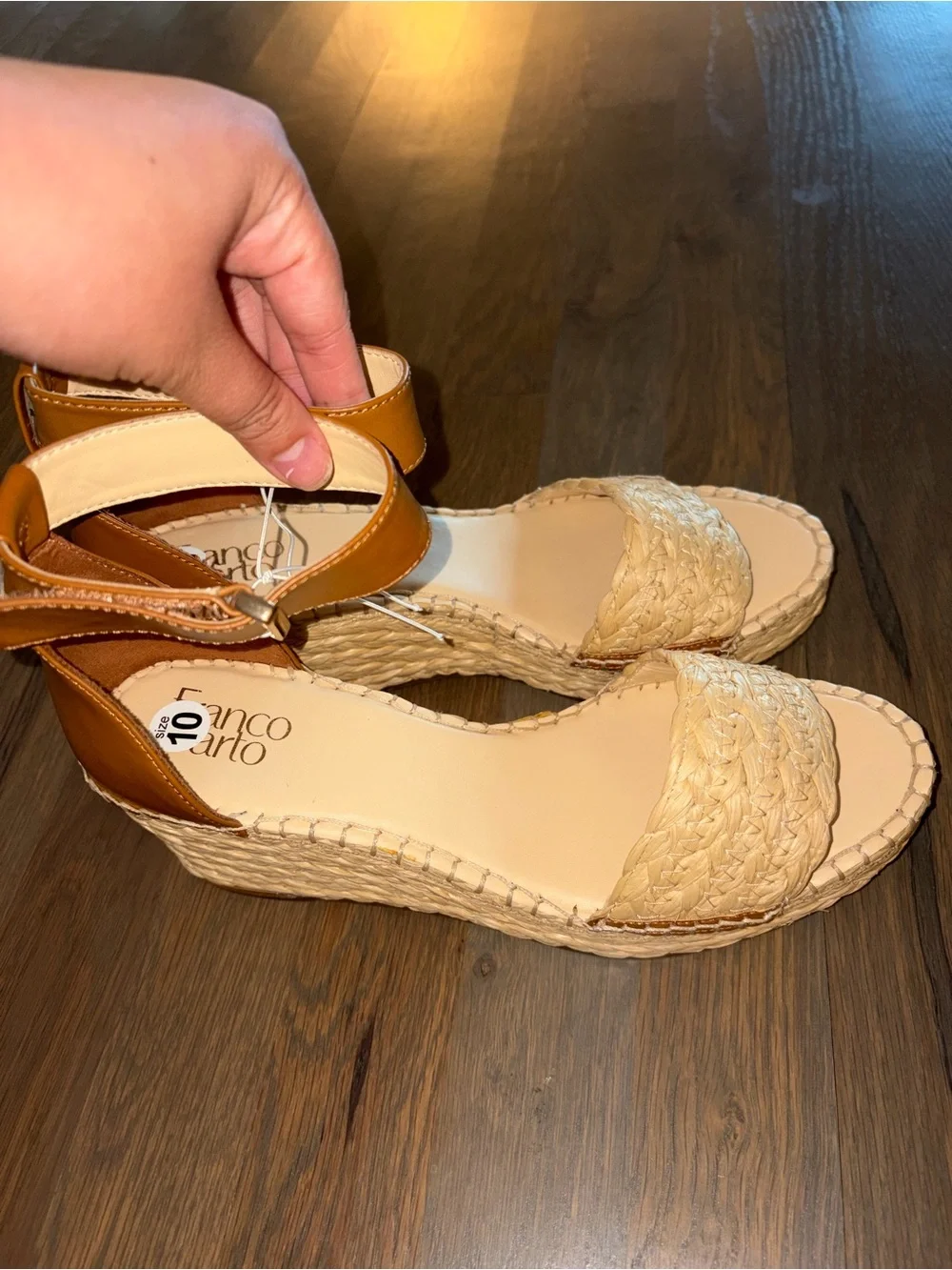 NEW Franco Sarto Espadrille Wedge Sandals Tan/Cognac Ankle Strap Size 10